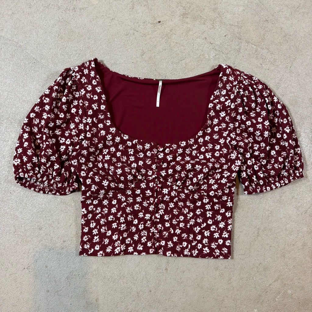 Free People Red Ruched Puff Sleeve Crop Top